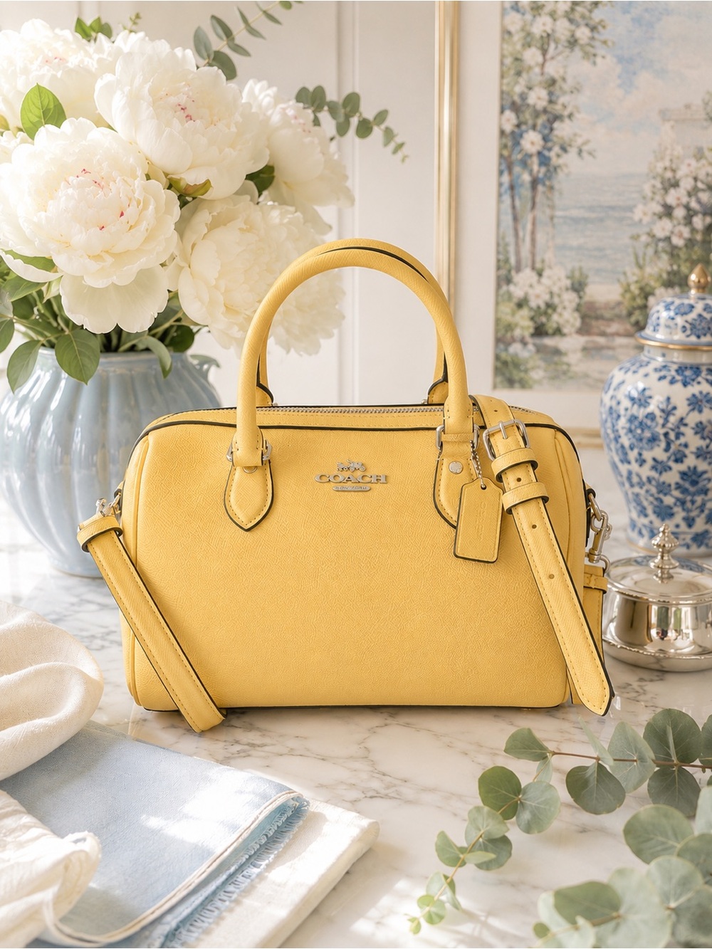 COACH Rowan Satchel Canary Crossgrain Leather Crossbody | Silver Hardware